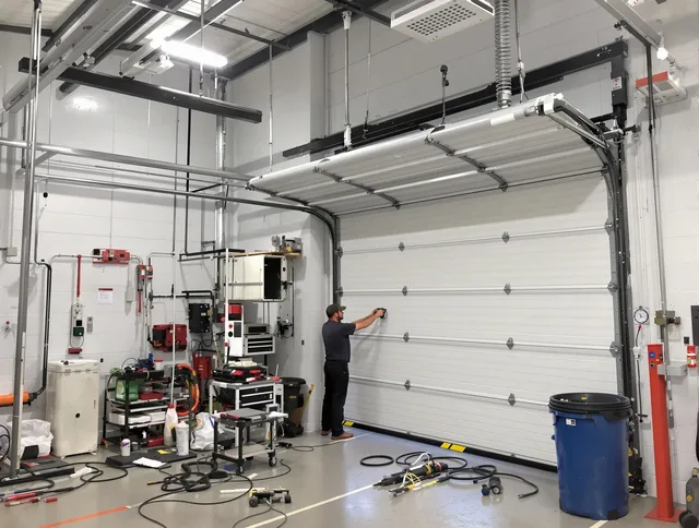 Stonington Garage Door Repair certified technician performing commercial door repair at a Stonington business facility