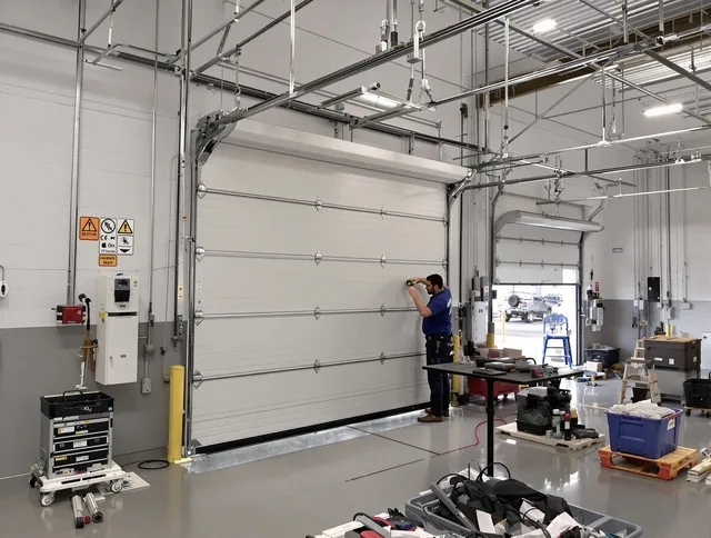Commercial garage door repair being performed by Stonington Garage Door Repair expert in Stonington