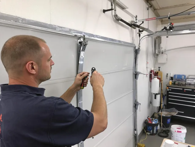 Before and after garage door dent repair by Stonington Garage Door Repair in Stonington