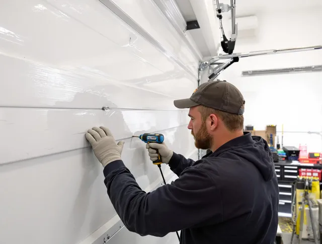 Stonington Garage Door Repair technician demonstrating precision dent removal techniques on a Stonington garage door