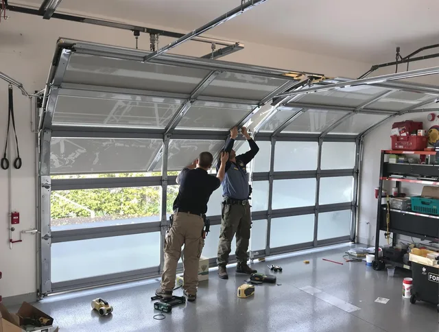 Stonington Garage Door Repair expert performing precise panel replacement on Stonington garage door