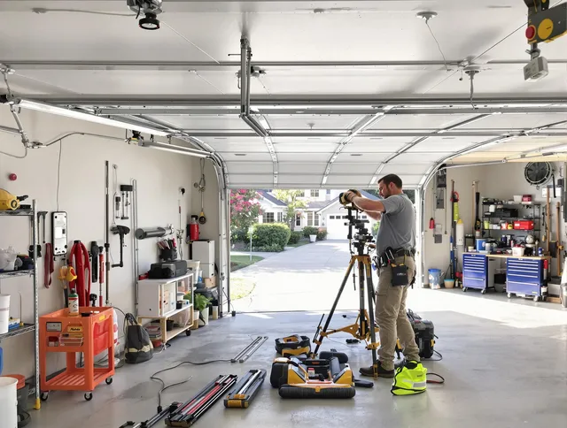 Stonington Garage Door Repair specialist performing laser-guided track alignment in Stonington